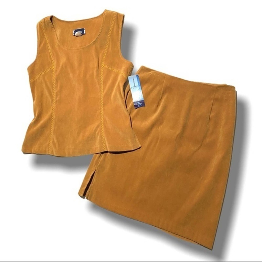 Vintage 90s Marigold Mustard Faux Suede Top & Pencil Skirt Set M - Picture 3 of 15